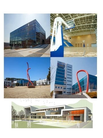 왼쪽 상단부터 시계방향으로 실내체육관 외부 전경, 내부 전경, 교내 상징조형물(담헌실학관 앞), 학생회관 조감도, 중앙공원에 설치된 15m 높이의 상징조형물이다.