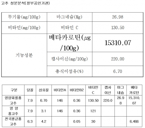 고추 성분분석(정부공인기관)