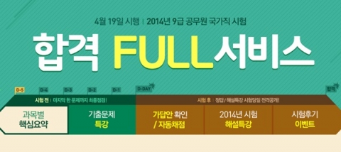 에듀윌은 4월 19일(토) 실시될 2014년 9급 공무원 국가직 시험을 앞두고 수험생들을 위한 합격 FULL 서비스를 제공한다.