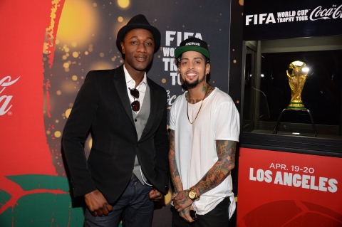 Aloe Blacc and David Correy at the FIFA World Cup(TM) Trophy Tour by Coca-Cola experience in Los Angeles before performing ‘The World is Ours’ by Aloe Blacc x David Correy.