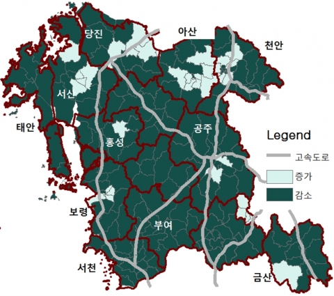 2010~2040년 충남의 인구증감 추계(충남발전연구원 발간, 충남리포트 109호)