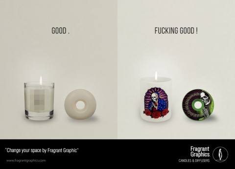 그래픽이 없는 스케이트보드 바퀴와 근사한 그래픽이 있는 스케이트보드 바퀴를 비교하는 프래그런트 그래픽스의 광고 이미지이다.