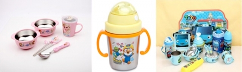 릴팡 캐릭터 식기: 왼쪽부터 겨울왕국 식기세트, 뽀로로 양수 스텐 물컵, 꼬마버스 타요 제품 모음