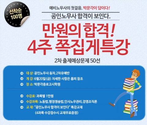 4주 족집게 특강은 제23회 공인노무사 2차 시험 출제 경향과 예상 핵심문제들을 분석해 독점 공개한다.