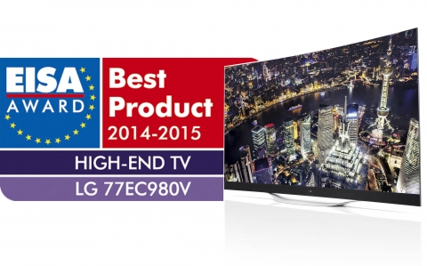 LG전자 77형 곡면 울트라HD 올레드 TV가 EISA2014 어워드에서 유러피언 하이엔드 TV&#039;로 선정됐다. 사진은 LG전자 77형 곡면 울트라HD 올레드 TV 제품과 EISA어워드 로고.