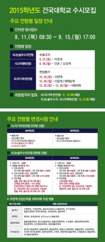 건국대학교(총장 송희영)는 2015학년도 신입생 수시모집 원서접수를 11(목)~15일(월) 실시한다.