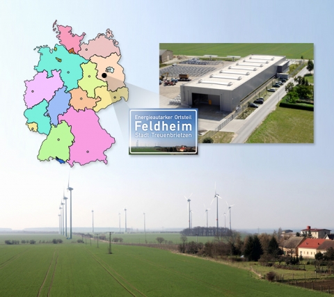 독일 펠트하임(Feldheim) 마을 전경 및 LG화학 배터리가 탑재될 ESS가 구축되고 있는 현장(사진 우측 상단) 모습