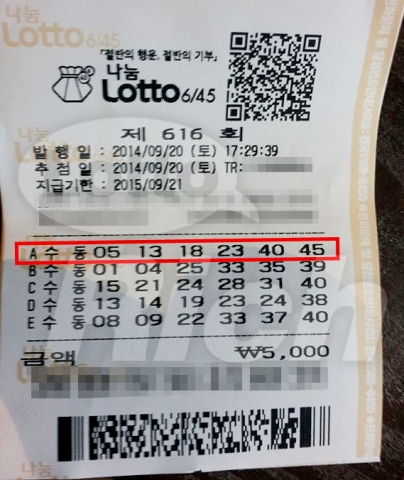 로또 616회 당첨번호는 5, 13, 18, 23, 40, 45 보너스 3이다.
