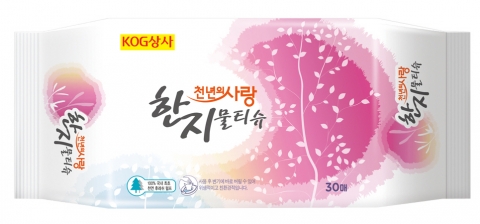 한지와 펄프만을 이용해 유해성분을 전혀 넣지 않은 한지물티슈 천년의 사랑이 세계 최초로 개발되어 호응을 얻고있다.