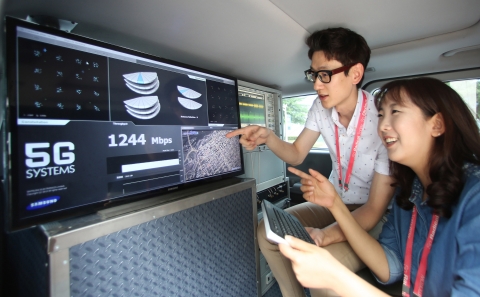 삼성전자가 15일 시속 100㎞ 이상으로 달리는 차 안에서 5세대(5G) 이동통신 기술을 시연하는데 성공, ‘초고속 모바일인터넷 시대’의 개막을 예고했다. 삼성전자 연구원들이 초고속 5G 이동통신을 시연하고 있다.