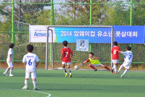 한국암웨이는 지난 18일(토) 인천 계양구에 위치한 강서개화축구장에서 2014 암웨이컵 유소년 전국풋살대회를 개최했다. 8·9세부 결승전에서 암웨이 축구교실 광주팀 선수가 역전골을 넣고 있다.