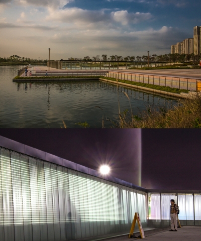 청라국제도시 물속광장에 조성된 휴식 공간 야외 디지털 수족관이 새로운 명소로 떠오르고 있다.