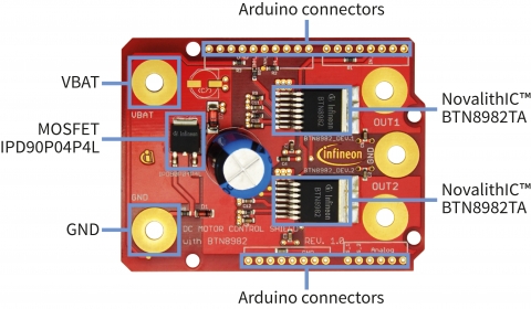 인피니언 테크놀로지스는 아두이노(Arduino) 설계 커뮤니티에서 이용할 수 있도록 RGB 조명과 모터 제어를 위한 2개의 쉴드(shield)를 출시했다.