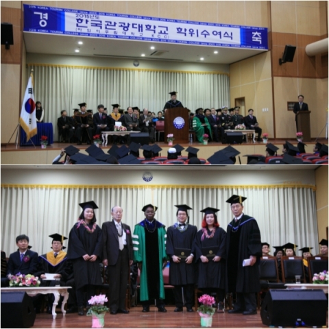 (아래) 왼쪽부터 이지선 학생, 김주영 이사장, 레온 리차드(Leon Richards) KCC총장, 전성현 학생, 송지아 학생, 한국관광대학교 정용근 총장