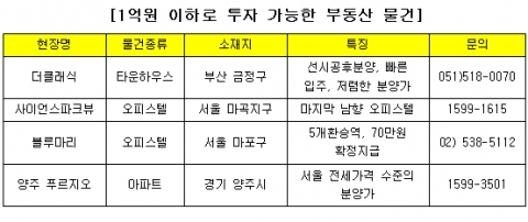 1억원 이하의 실입주금으로 투자 가능한 부산 금정구 우진 더클래식 타운하우스, 서울 강서구 마곡지구 마곡 사이언스파크뷰 오피스텔, 서울 마포구 블루마리 오피스텔, 경기 양주시 양주푸르지오 아파트 등이 있다