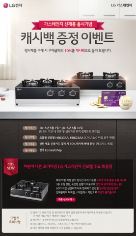 LG전자가 가스레인지 신제품 출시를 기념, 제품 구매 시 결제금액의 10%를 캐시백으로 돌려주는 이벤트를 실시한다.
