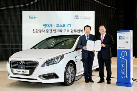 현대차 국내영업본부 판매사업부장 최상구 상무(사진 오른쪽)과 포스코ICT TEO(전체 에너지 최적화)사업실장 이재일 상무가 MOU를 체결하고 함께 기념촬영을 하는 모습