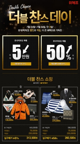 위메프가 고객의 뜨거운 성원에 힘입어 최대 5만원 할인 쿠폰과 25만 포인트를 중복 제공하는 더블 찬스데이를 앵콜 진행한다