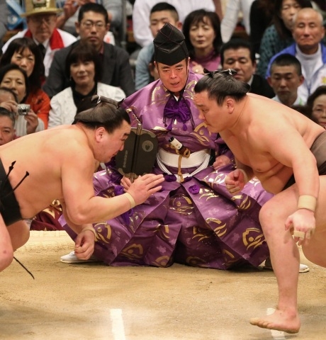 그랜드 챔피언 하쿠호(Hakuho)가 2013년 봄 스모 토너먼트에서 숙적 하루마 후지(Haruma-fuji)와 맞붙고 있다. 36대 스모 심판관 기무라 쇼노스케(Shonosuke Kimura)가 가까이에서 심판을 보고 있다.