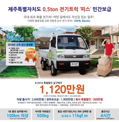 국내 최초 화물 전기차 피스가 2016년 제주엑스포를 시작으로 제주도민 민간 보급을 시작했다