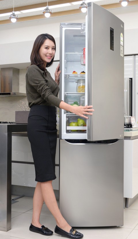 서울 마포구 신촌로에 있는 LG 베스트샵 동교점 매장에서 모델이 LG전자의 상냉장∙하냉동 2도어 냉장고 신제품을 소개하고 있다