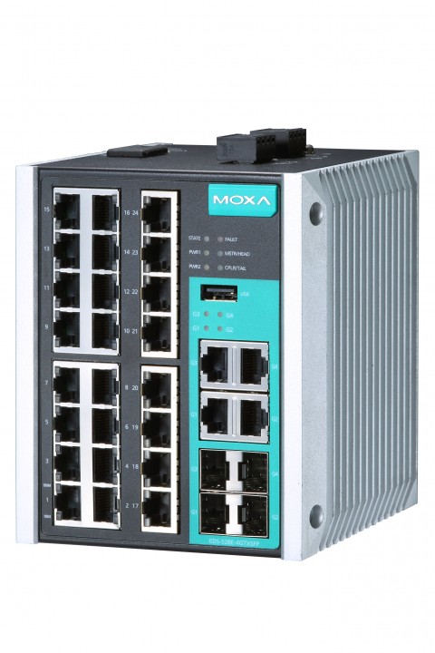 MOXA의 EDS-528E는 IIoT 용으로 설계된 새로운 28포트 이더넷 스위치 제품으로 IEC 62443-4-2 표준을 충족하여 산업용 네트워크에서 안전하게 사용할 수 있다