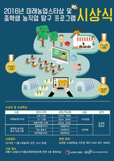 농림수산식품교육문화정보원이 2016년 매력적인 농업 일자리 발굴 및 확산 사업을 마무리하는 시상식을 개최한다