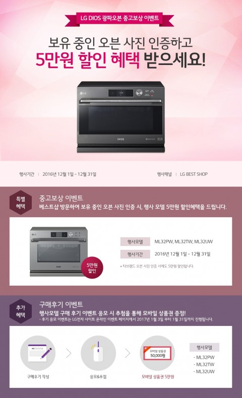 LG전자가 DIOS 광파오븐 신모델을 구매하면서 기존에 사용하던 구모델의 사진을 인증하면 5만원을 할인해주는 중고보상 이벤트를 진행한다