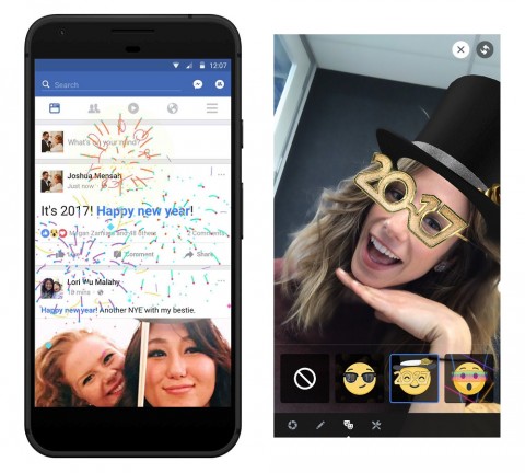 페이스북이 뉴스피드서 새해 인사 나누면 나타나는 불꽃놀이 애니메이션 효과를 공개했다. 사진은 불꽃놀이 효과(좌)와 라이브용 마스크(우)
