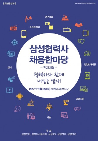 삼성전자는 삼성디스플레이·SDI·전기·SDS 와 함께 11월 6일 서울 양재동 aT센터에서 전자계열 협력사 120여개가 참여하는 2017 삼성 협력사 채용 한마당을 개최한다