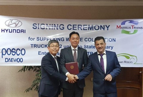 현대자동차가 10월 31일 포스코대우와 함께 우즈베키스탄 환경부에 중대형 트럭 182대를 공급하는 계약을 체결했다