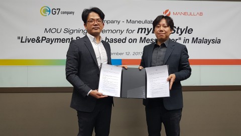 마늘랩 장준영 대표(오른쪽)이 12일 미디어 회사 G7컴퍼니 오지한 대표(왼쪽)와 2018년 4월 말레이시아에서 출시될 예정인 마이라이프 컨소시움 구성에 관한 MOU를 체결했다