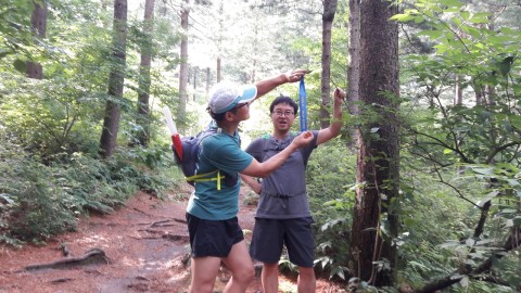 워크앤런 행사팀이 민주지산 자연휴양림과 대관령에서 개최되는 숲속 여름캠프의 참가자들을 위해 세심하게 길표식을 달고 있다