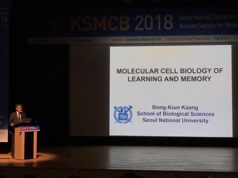 올해의 대한민국최고과학기술인상 수상자 강봉균 교수가 한국분자·세포생물학회 정기학술대회에서 강의하고 있다