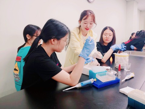 학생들이 미생물분자생명과학 분야 형질전환 실험을 하고 있다