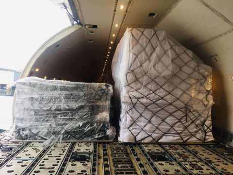 An India bound flight loaded with the first batch of medical supplies donated by the Jack Ma Foundat...