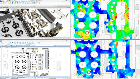 왼쪽 상단은 OpenBuildings Station Designer를 사용해 생성된 소매업 운영의 3D 모델을 보여줍니다. 왼쪽 하단에는 2D 평면도가 표시되어 LEGION Sim
