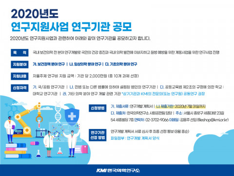 KMI한국의학연구소가 2020년도 KMI 연구지원사업에 참여할 연구기관을 공개 모집한다