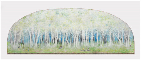 ‘Jubilee 82x224cm 한지위에 수간채색 2020.’ 전시작품. ‘Jubilee’ 이스라엘의 ‘희년’이라는 기념일 노예가 해방되는 날, 자유로운 축제일 나팔을 불어 기쁨을