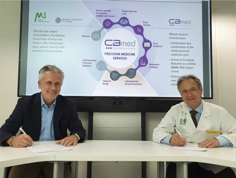 왼쪽부터 CBmed Rober Lobnig 대표, CBmed Thomas Pieber 대표가 사업 협약을 체결한 뒤 기념 촬영을 하고 있다