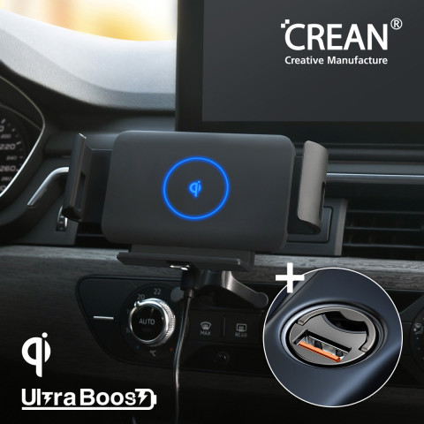 크레앙 울트라부스트 15W 오토 슬라이드 차량용 무선 충전 거치대와 퀵 차지 3.0 18W 미니 카 차져