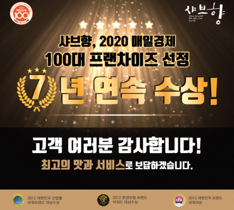 샤브향은 2020년까지 ‘매일경제 100대 프랜차이즈’에 7년 연속 선정됐다