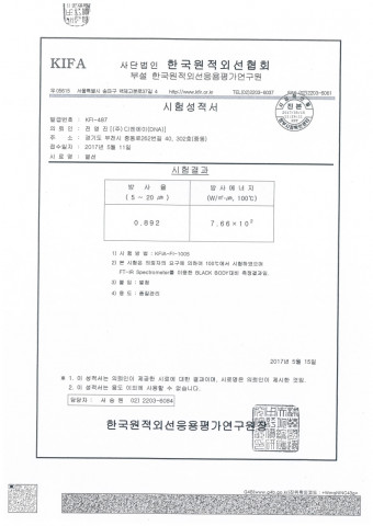 방사율, 방사에너지 시험 성적서(한국원적외선협회)