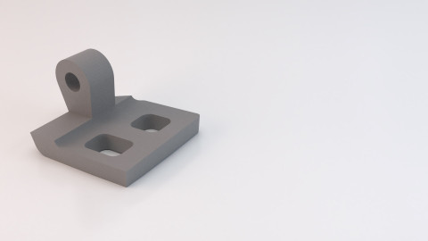 Simufact Additive의 Metal Binder Jetting 모듈로 시뮬레이션된 힌지 부품이 실제 부품처럼 보이도록 렌더링됐다