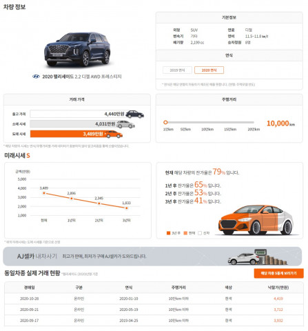 AJ셀카 내차 시세 조회 페이지