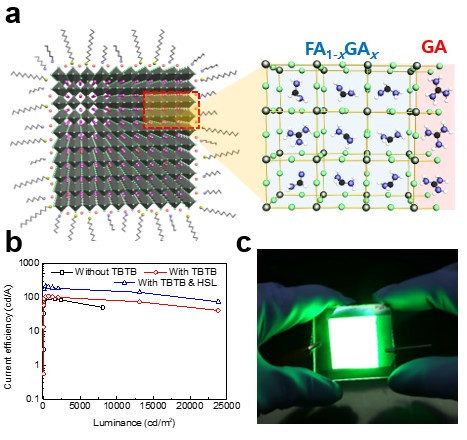 a. 공동 연구팀이 개발한 페로브스카이트 나노 입자 구조 b. 페로브스카이트 발광 다이오드의 발광효율 (외부 양자효율 = 23.4%), (TBTB: 1,3,5-트리스(브로모메틸)-