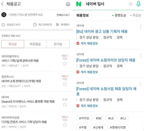 왼쪽부터 캐치 사이트 내 공고 검색 결과, 네이버 사이트에서 공고 검색 결과