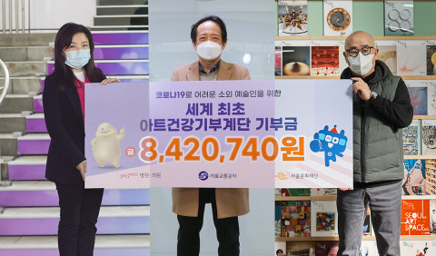 코로나19로 어려운 예술인을 위한 ‘아트건강기부계단’ 기부금 전달식이 비대면으로 진행됐다. 왼쪽부터 기부금 전달식에 참여한 서울교통공사 미디어실 정선인 실장, 365mc네트웍스 김