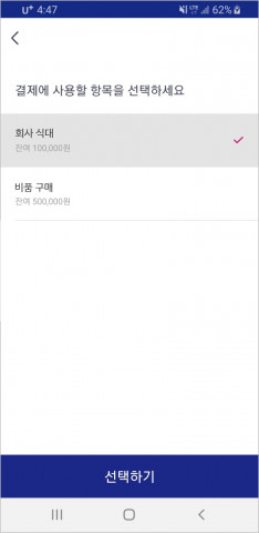 각 지출 항목을 선택해 결제할 수 있는 기업제로페이 화면