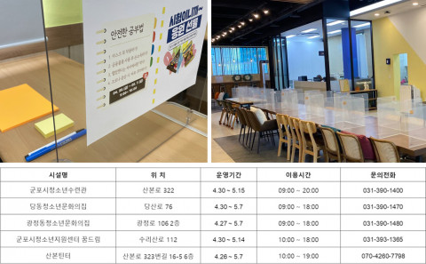 왼쪽부터 시계 방향으로 당동청소년문화의집 스터디공간, 산본틴터의 메인홀, 시설 종합 운영안내